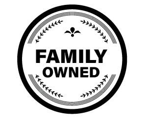 A black and white circle with the words `` family owned '' written inside of it.