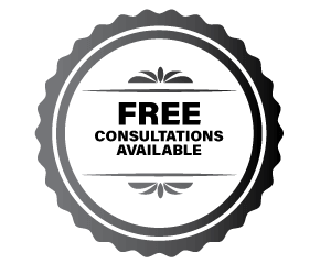 A black and white badge that says free consultations available