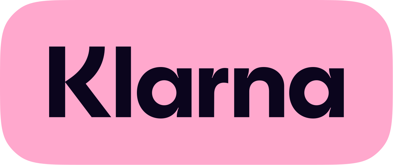 Klarna logo in black text on a pink rounded rectangle background