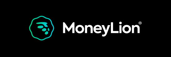 MoneyLion logo in white text with teal lion icon on a black background