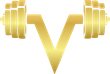 A gold logo with two dumbbells and a v on a white background.