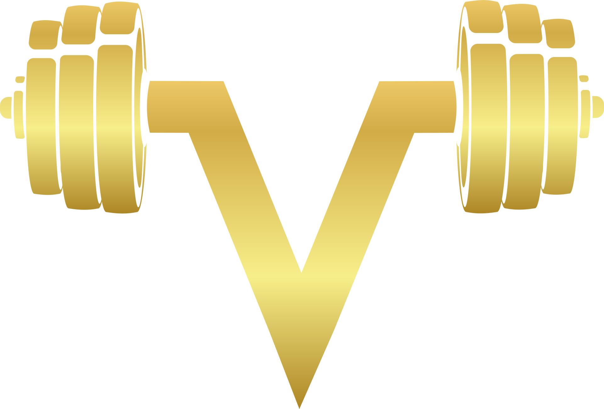 A gold logo with two dumbbells and a v on a white background.