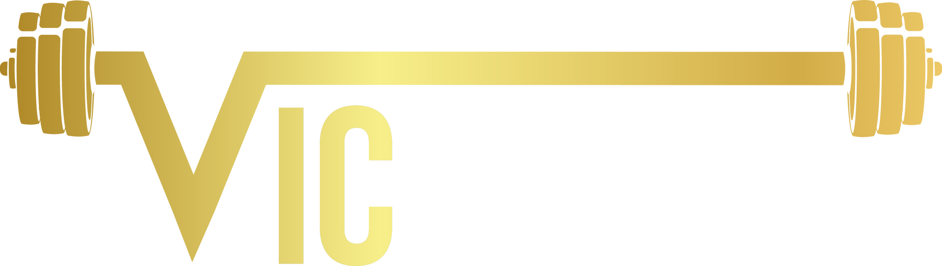 A gold and white logo for victerry with a barbell.