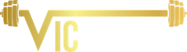 A gold and white logo for victerry with a barbell.