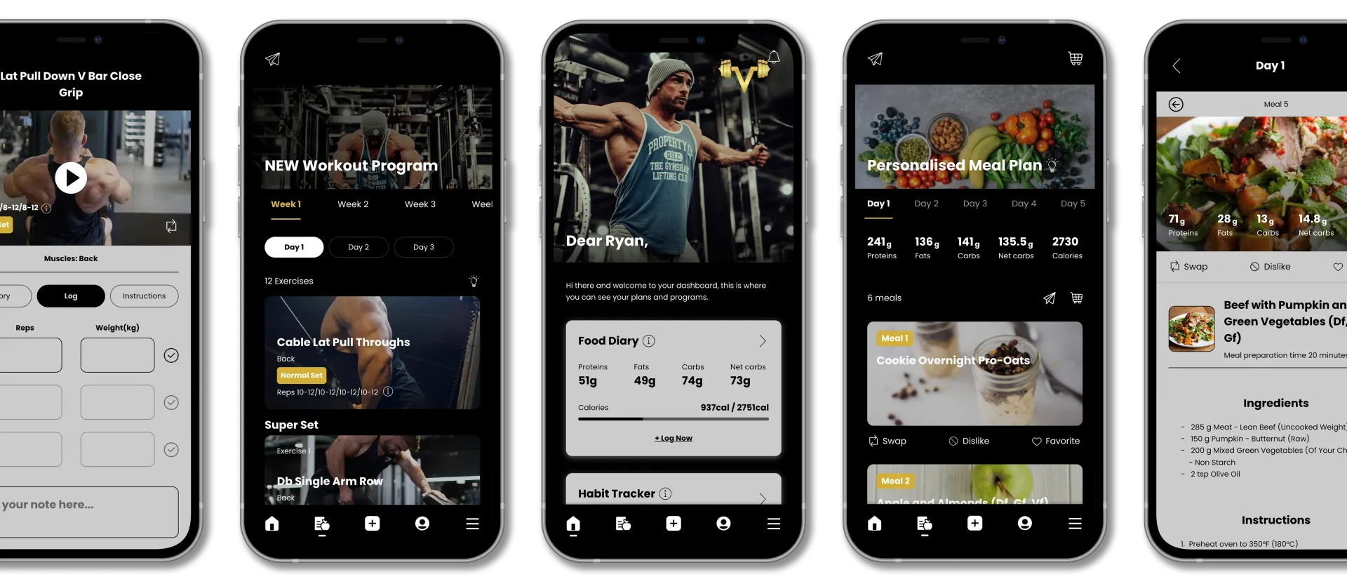 Five black mobile phones displaying a fitness app interface with workout videos and food recipes.