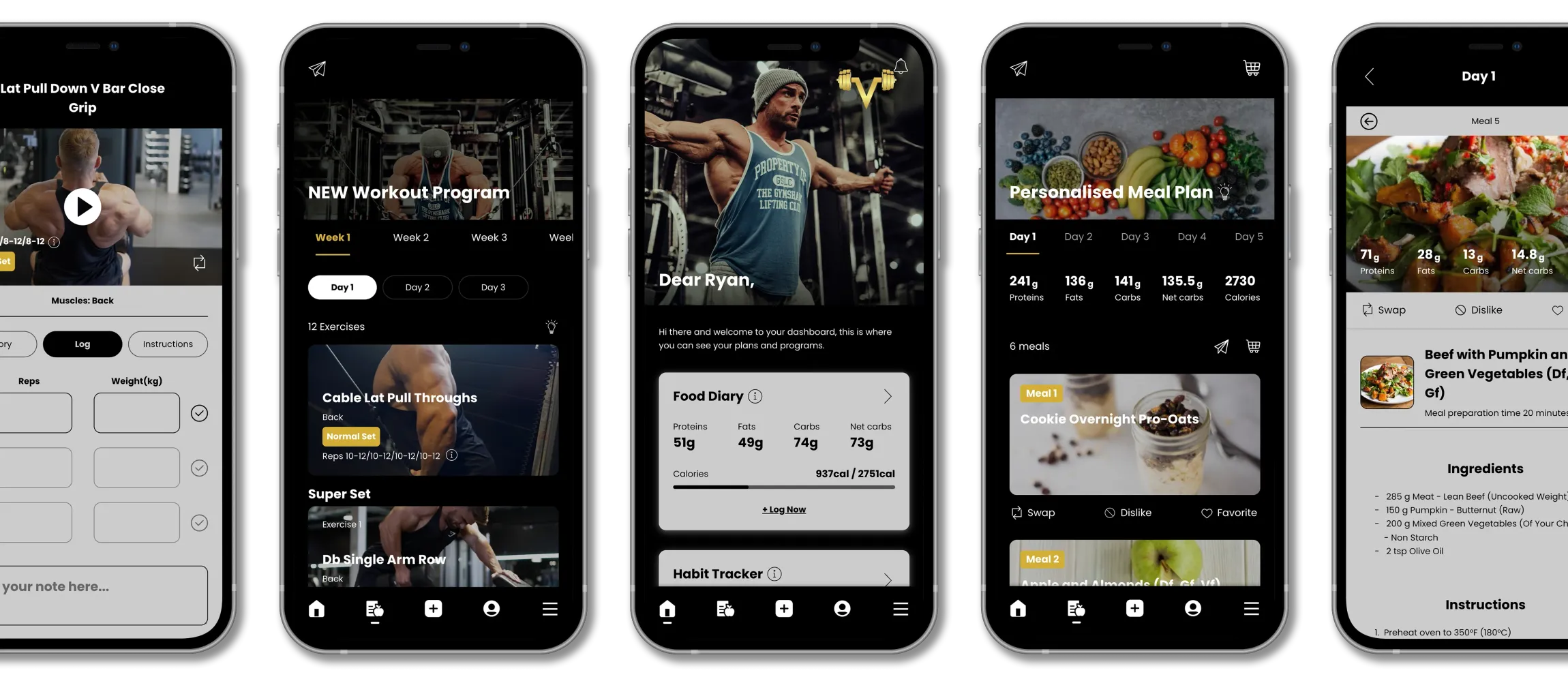 Five black mobile phones displaying a fitness app interface with workout videos and food recipes.