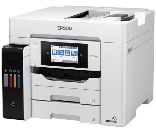 En epson printer sidder på en hvid overflade.