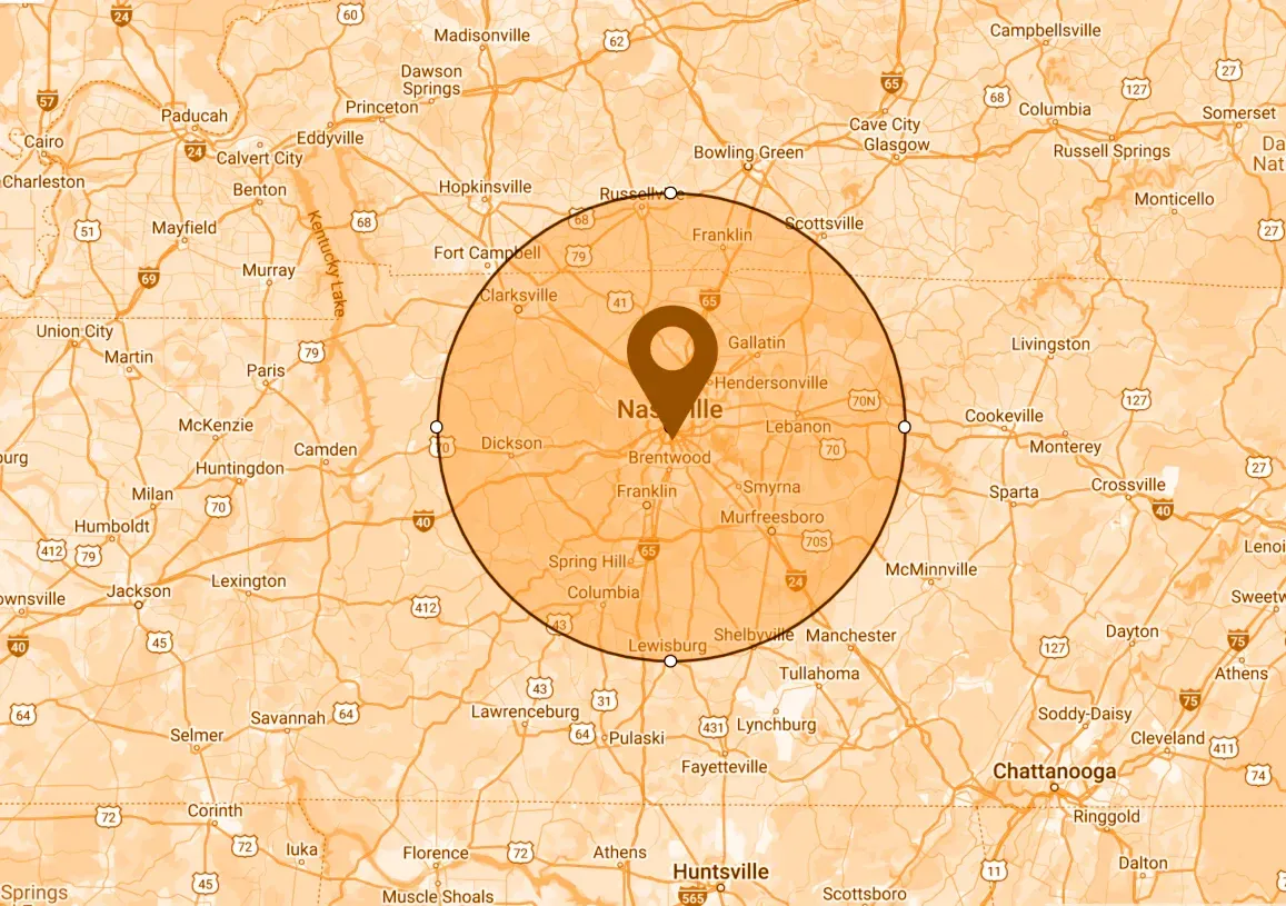 A map showing the location of a city in a circle