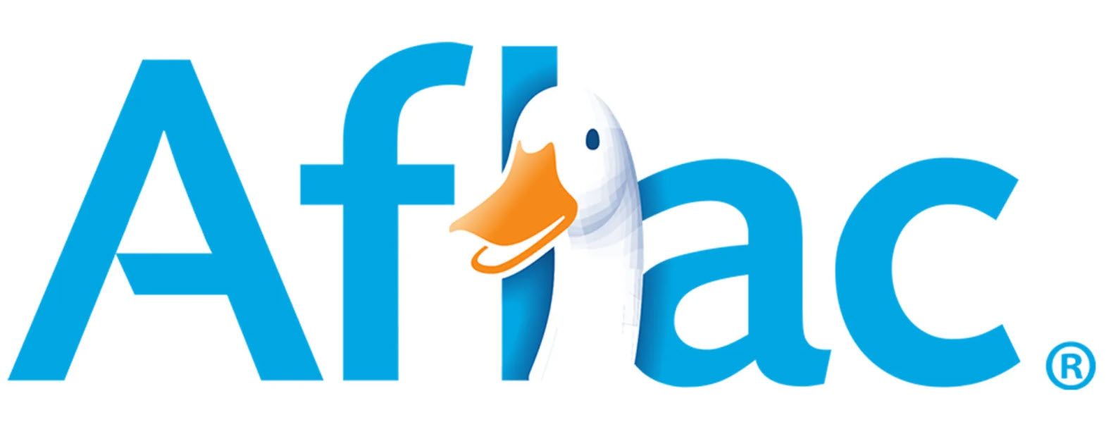 Aflac logo with a blue wordmark and the A inside has the head of a white duck with an orange beak.