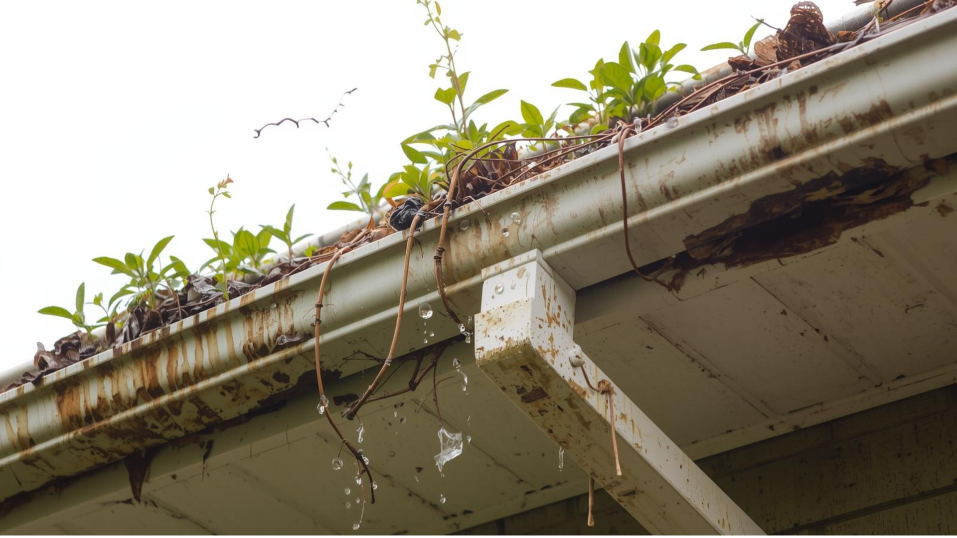 Overflowing gutter packed with leaves and plants, water dripping from the blocked section.