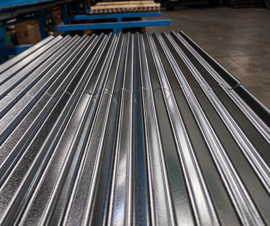 A stack of corrugated roofs on the floor of an industrial warehouse.