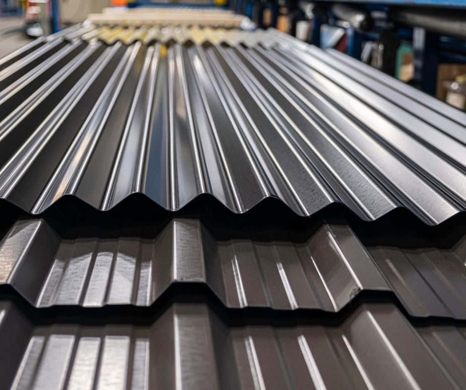 Stacked corrugated metal roofing sheets in a warehouse.