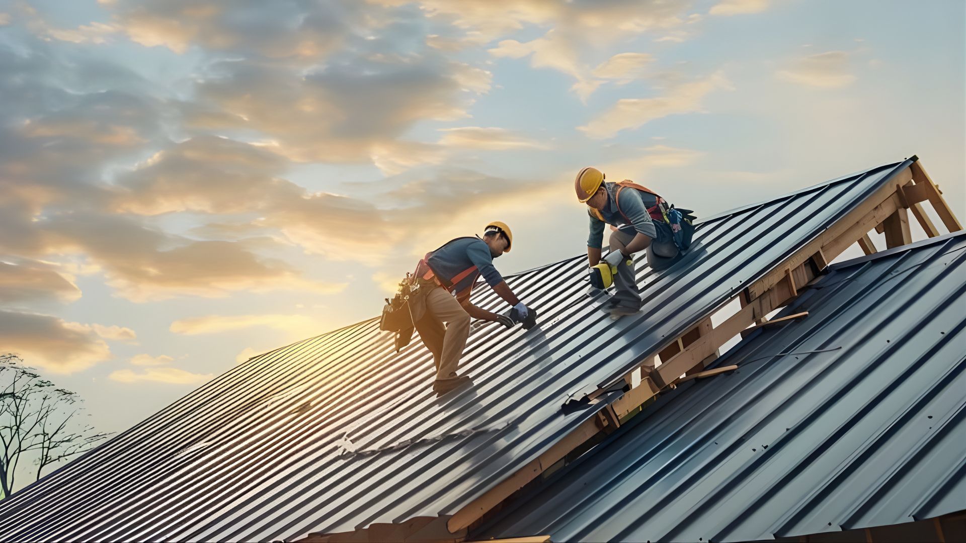 Roofers installing metal roofing panels, an example of energy-efficient roofing in progress.