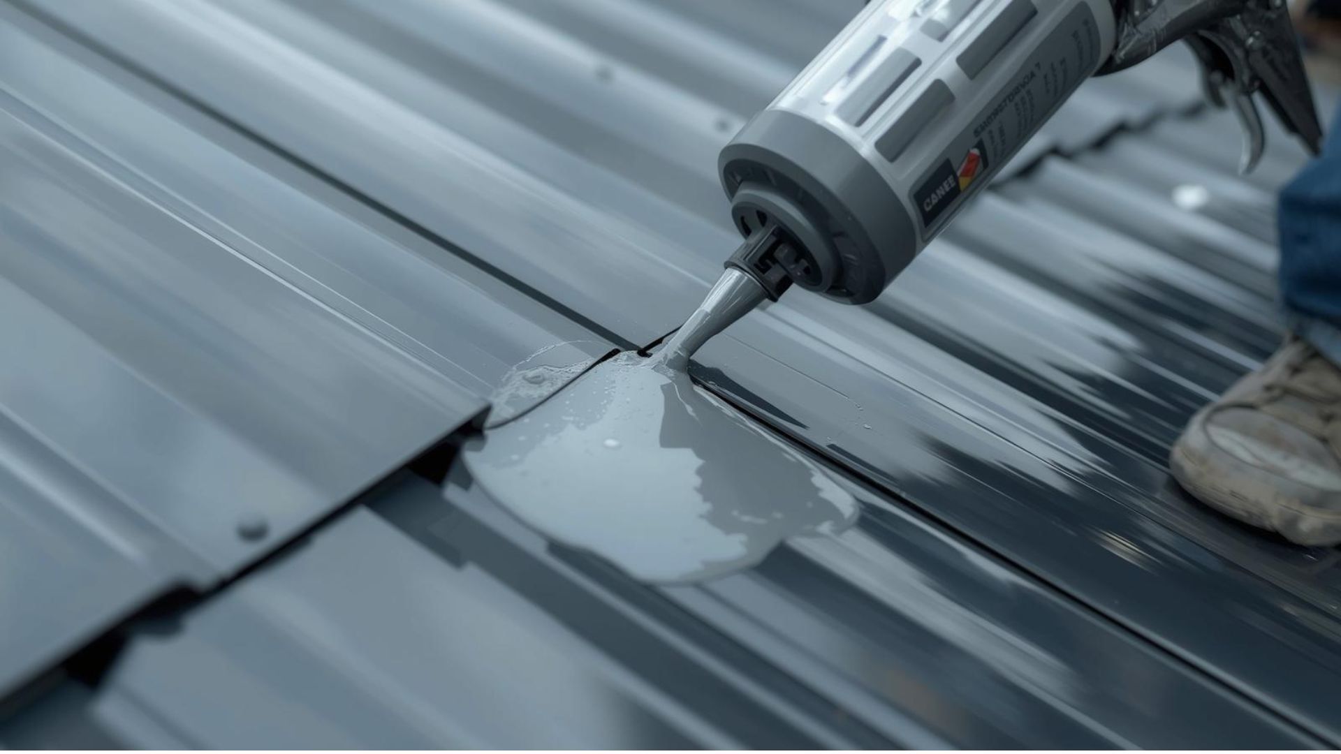 Applying sealant to a gray metal roof seam with a caulking gun.