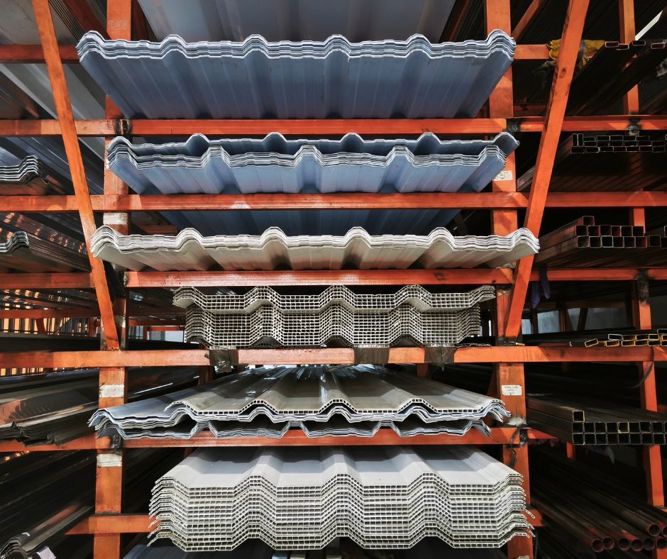 Stacked corrugated metal roofing sheets on warehouse racks