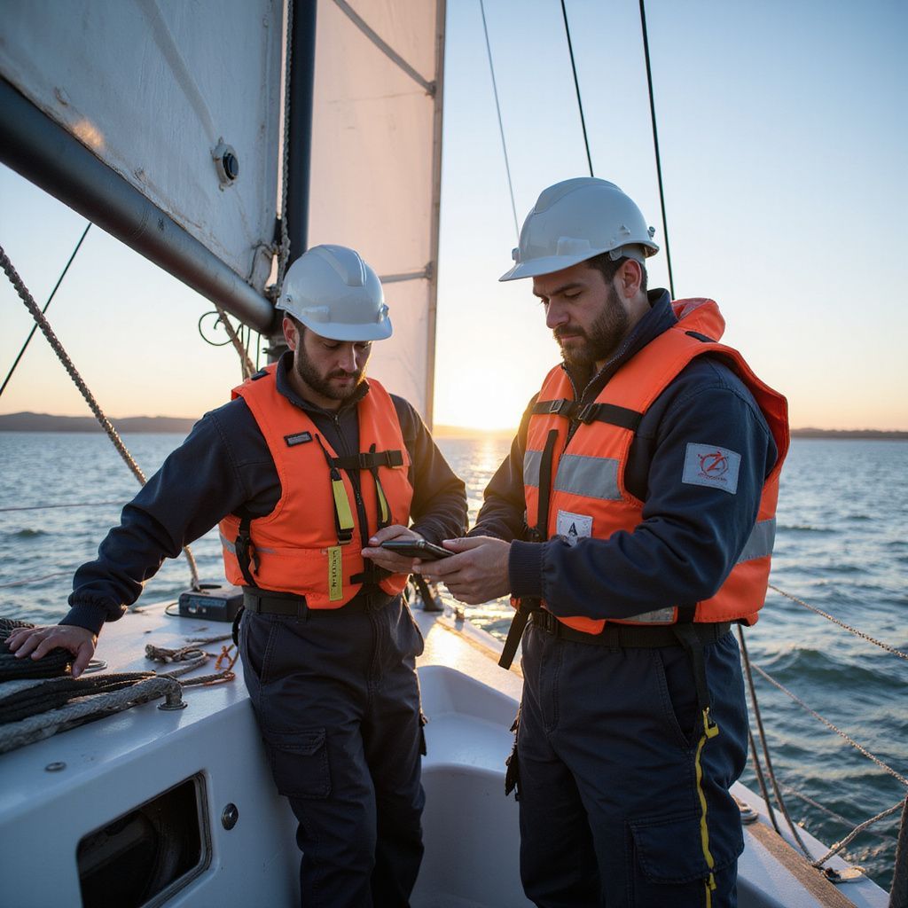 Two people in safety vests and hard hats on a sailboat, looking at a device with the sun setting.