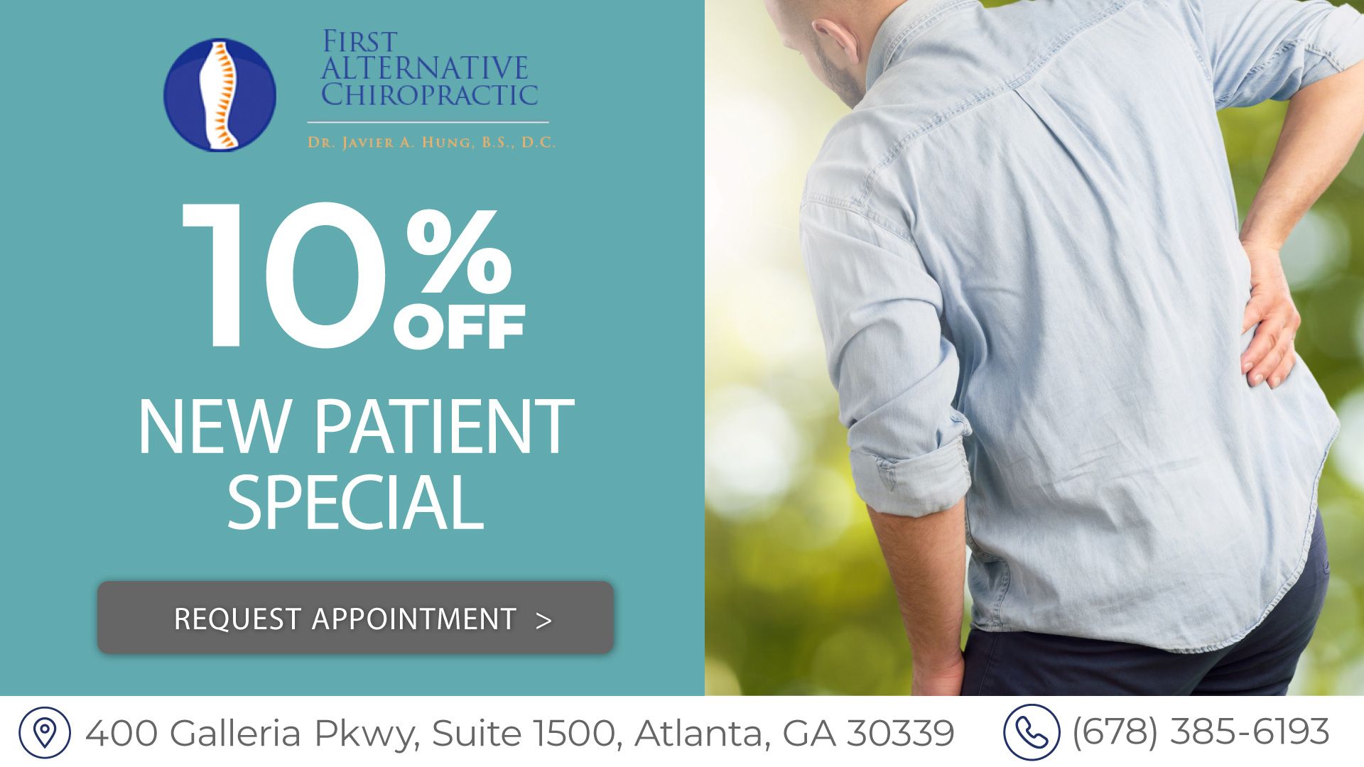 An advertisement for a new patient special with a man holding his back.