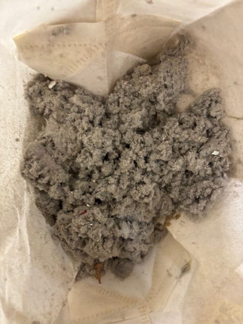 A pile of air duct vent dust is sitting on a piece of paper.