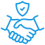 A blue line drawing of a handshake with a shield above it.