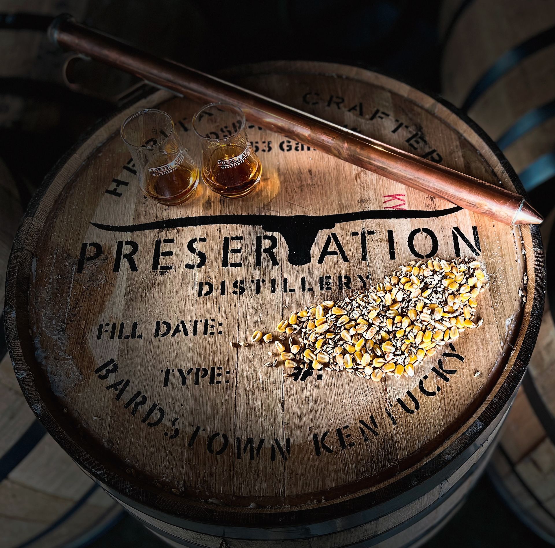 Unique Glenns Creek Distilling logo on a barrel