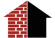 Logo di una casa rossa e nera con un disegno di un muro di mattoni e il profilo del tetto.