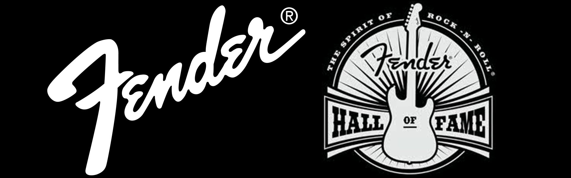 Fender Hall of Fame logo: white Fender script and guitar silhouette within a badge on a black background.