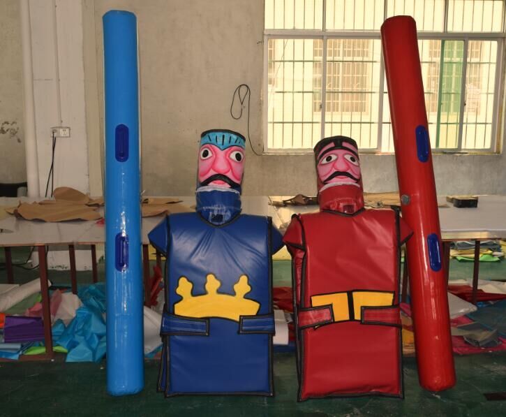 pole and a red figure with a red pole, in a room with a window.