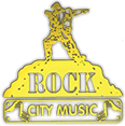 Gold logo for Rock City Music. A figure in a suit strikes a pose above the word 