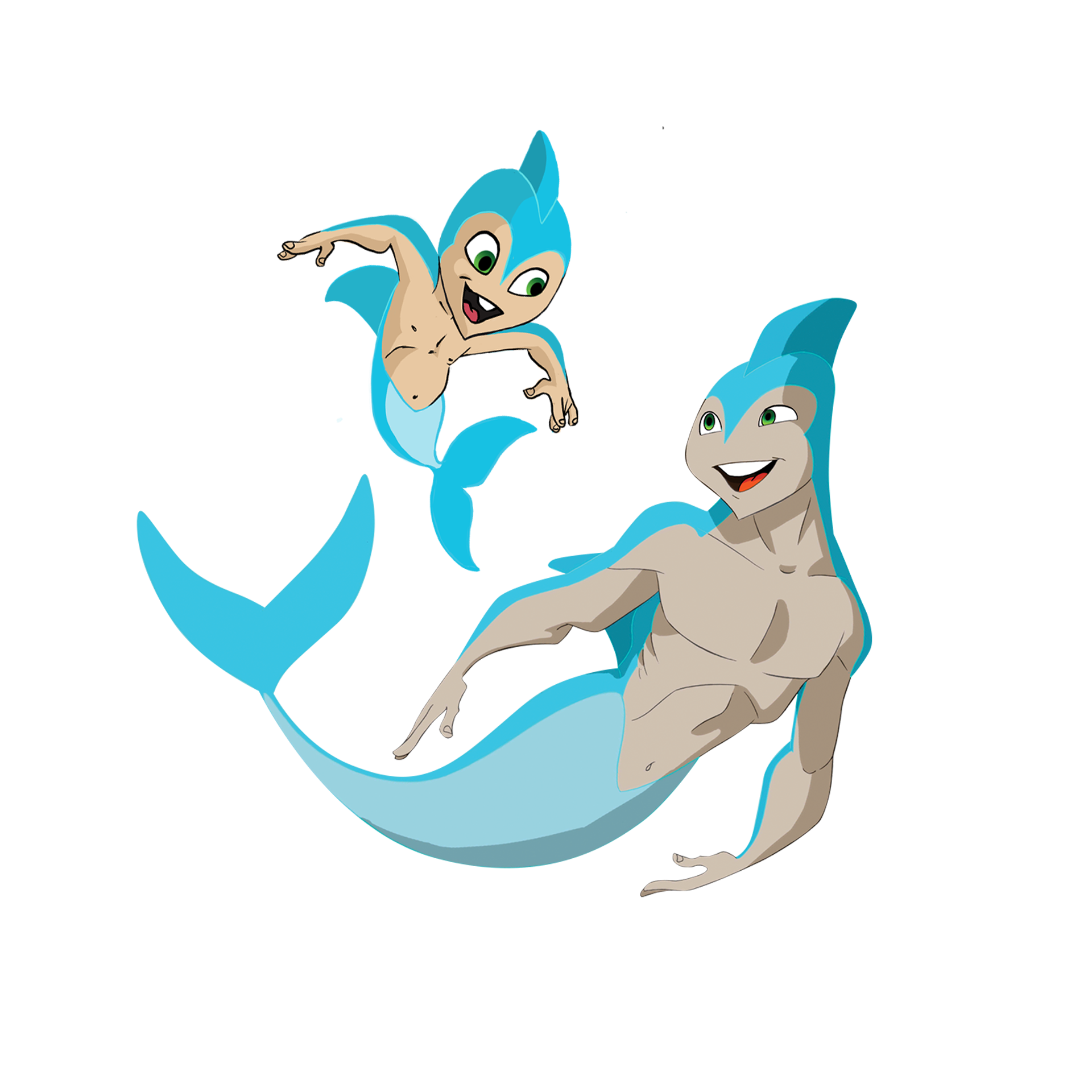 A mermaid is holding a baby mermaid in her arms.