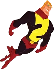 A cartoon character in a superhero costume is flying through the air.