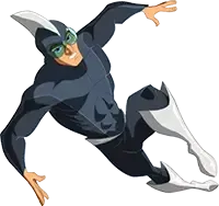 A cartoon superhero is flying through the air on a white background.