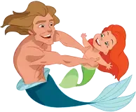 A man is holding a mermaid in his arms.