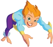 A cartoon character is crawling on the ground and smiling.