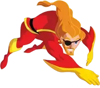 A cartoon character in a red and yellow superhero costume is crawling on the ground.