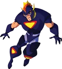 A cartoon superhero is flying through the air on a white background.