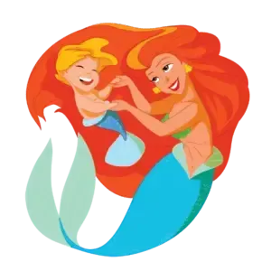 A mermaid is holding a baby mermaid in her arms.