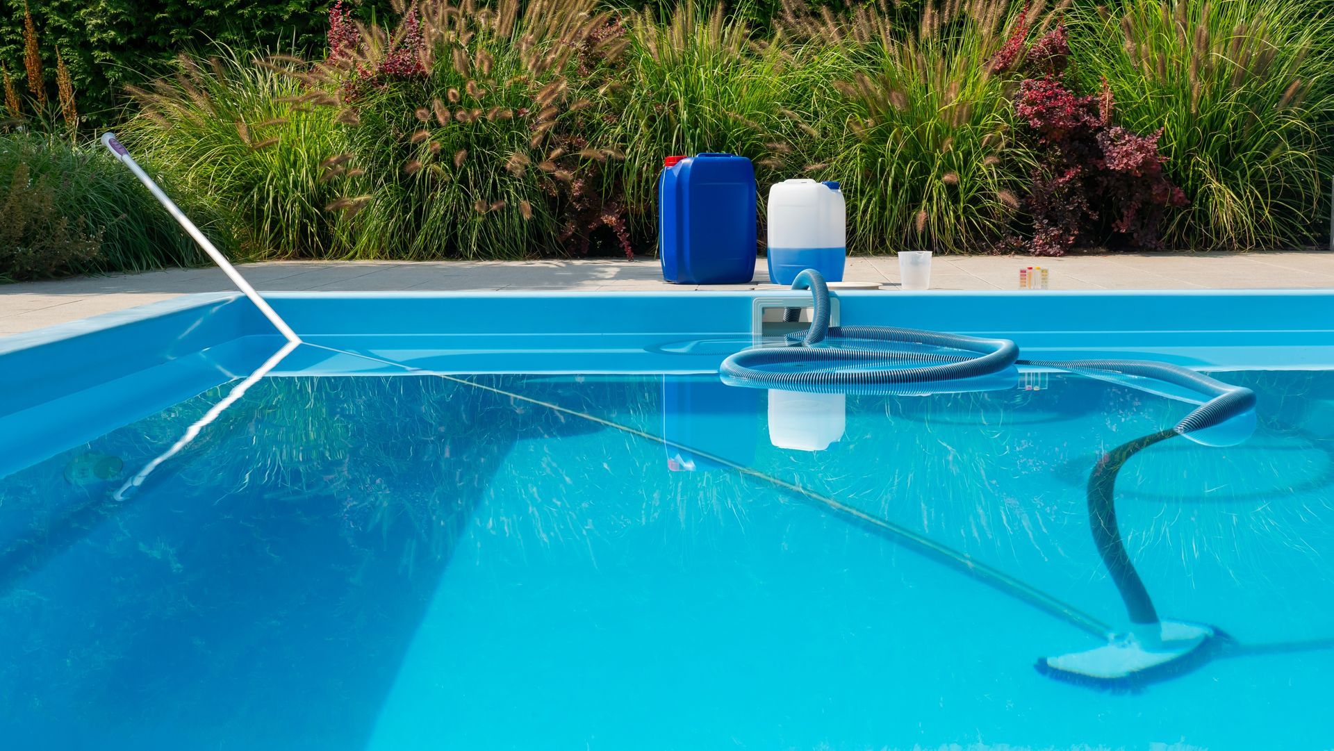 Pool being cleaned with a vacuum. Blue water, tools on the edge, green plants in the background.