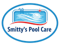 Logo for Smitty's Pool Care with a stylized pool scene, text, and blue/red accents within an oval frame.
