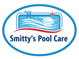 Logo for Smitty's Pool Care with a stylized pool scene, text, and blue/red accents within an oval frame.
