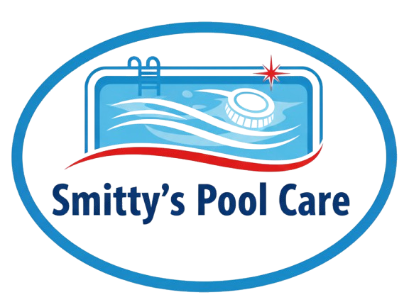 Logo for Smitty's Pool Care with a stylized pool scene, text, and blue/red accents within an oval frame.