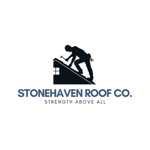 Silhouette of a roofer working on a roof. Company name