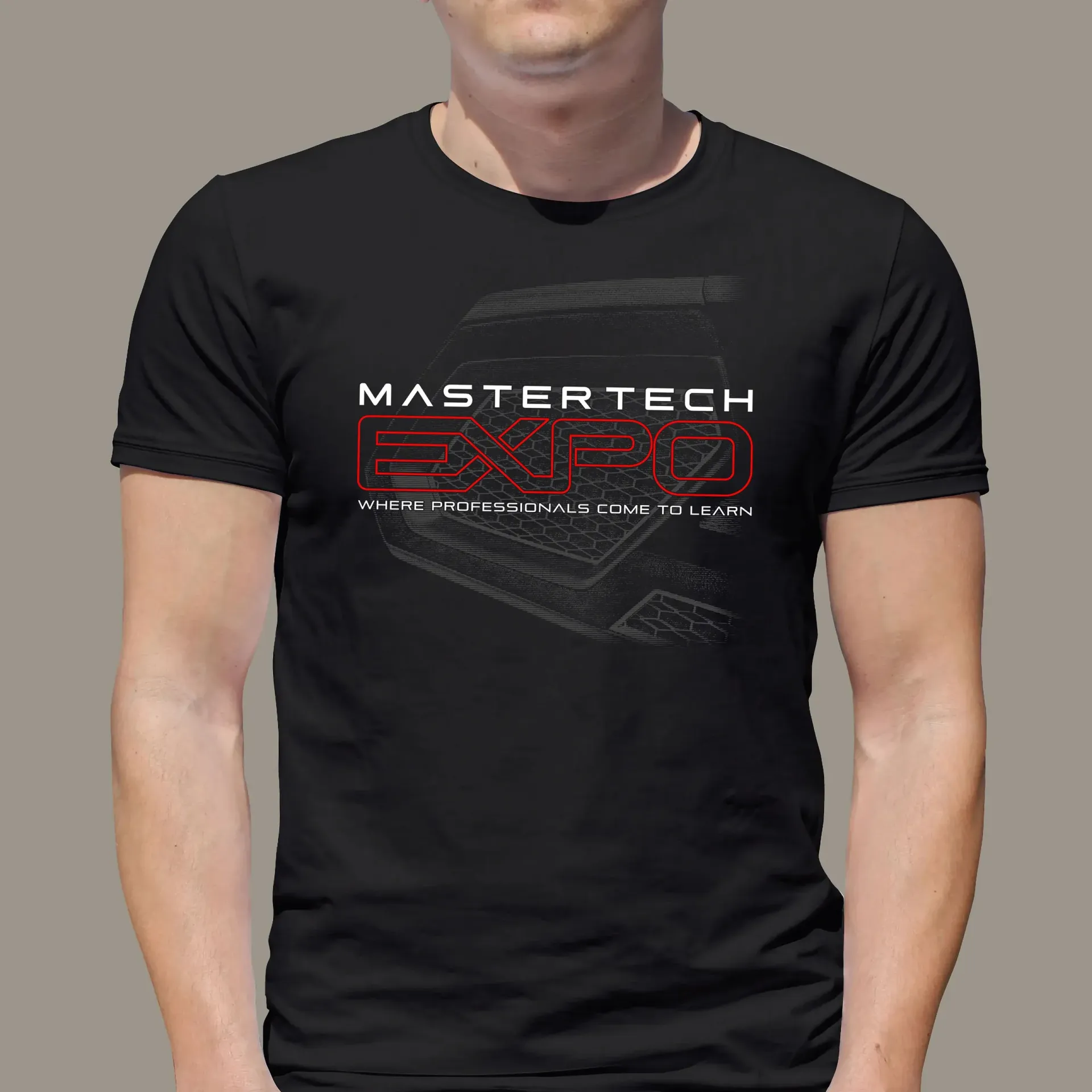A man is wearing a black mastertech t-shirt