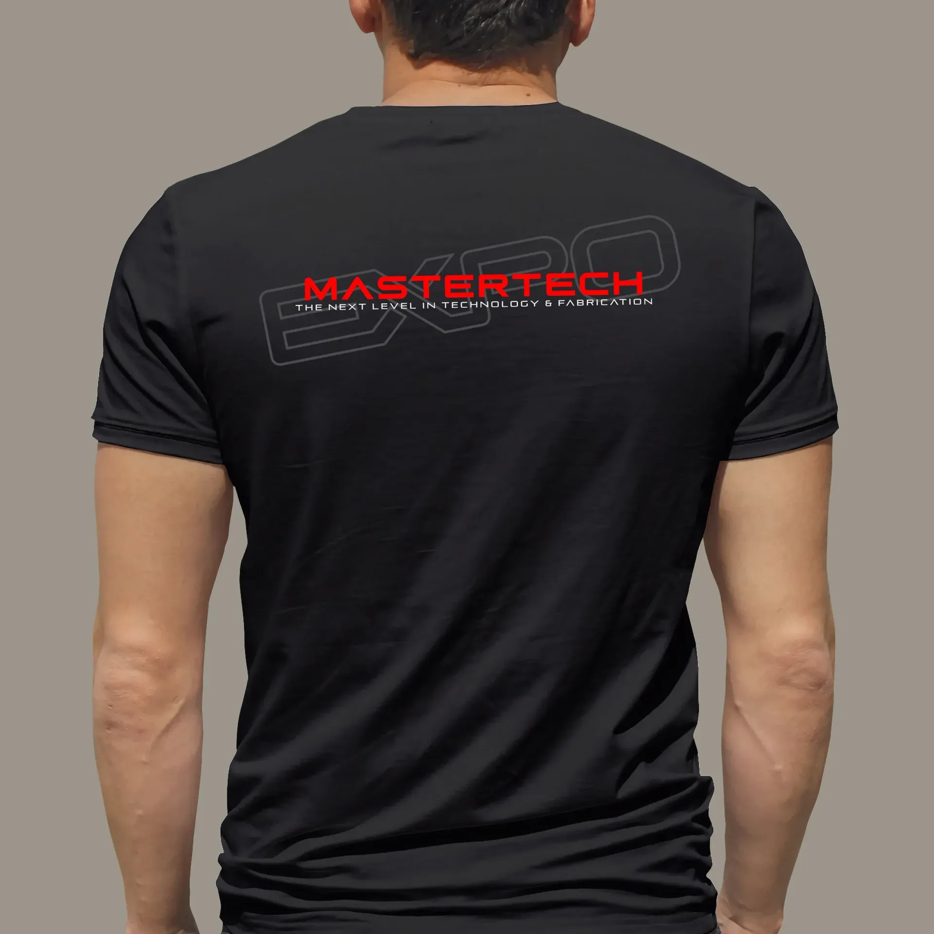 Man wearing a black t-shirt with 