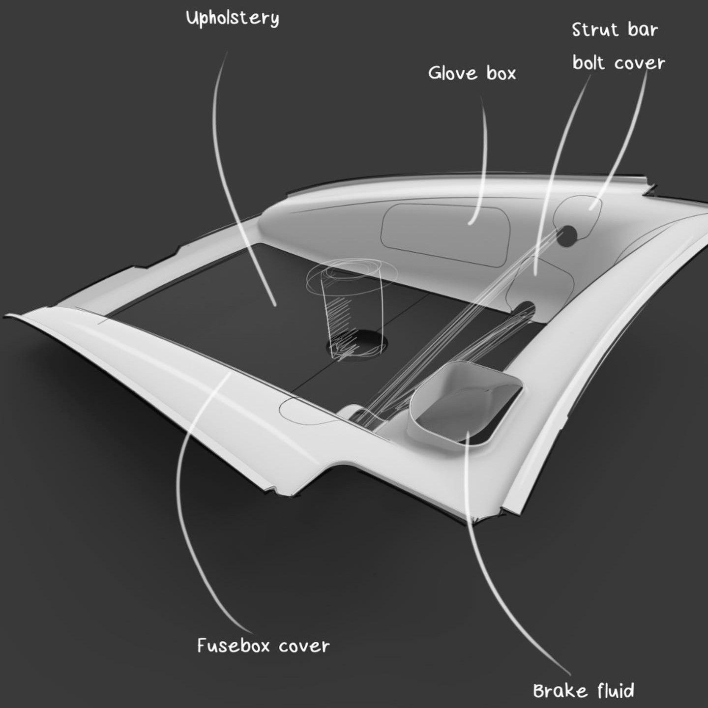 A black and white drawing of the inside of a car