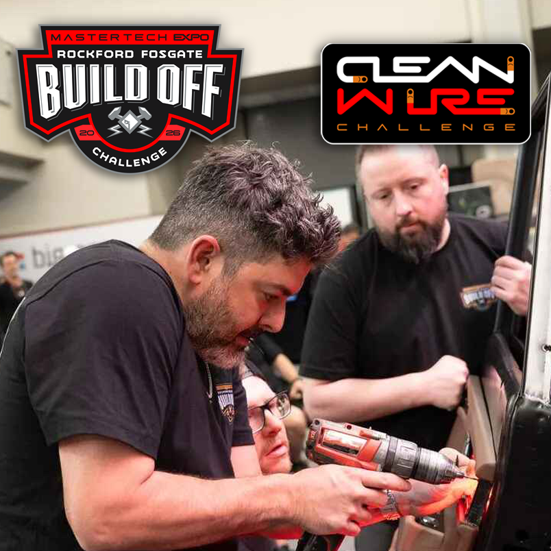 Men working on a vehicle, Rockford Fosgate Build Off challenge. Clean Wire challenge logo present.