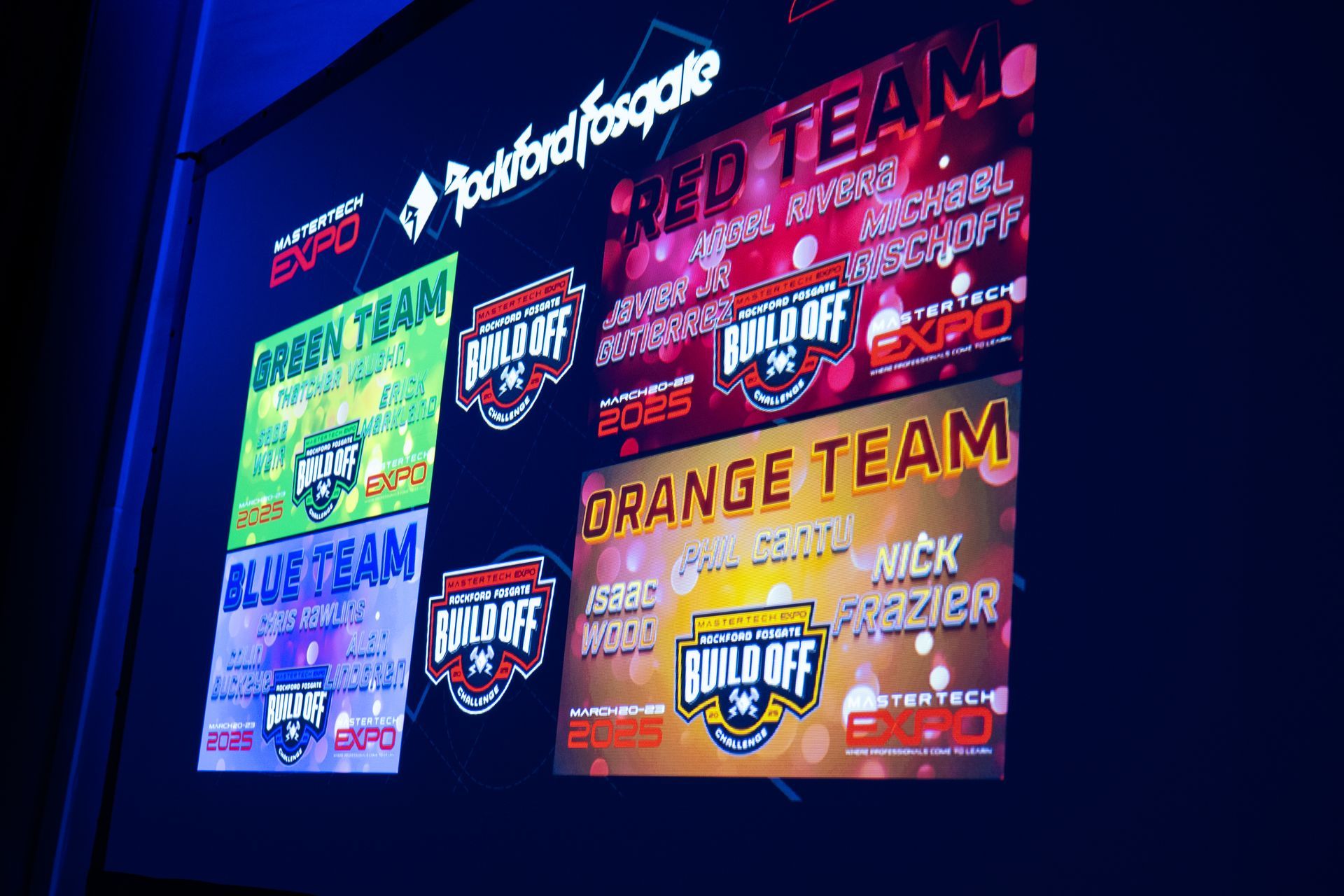 Screen displaying teams for a Rockford Fosgate competition with red, orange, green, and blue logos.