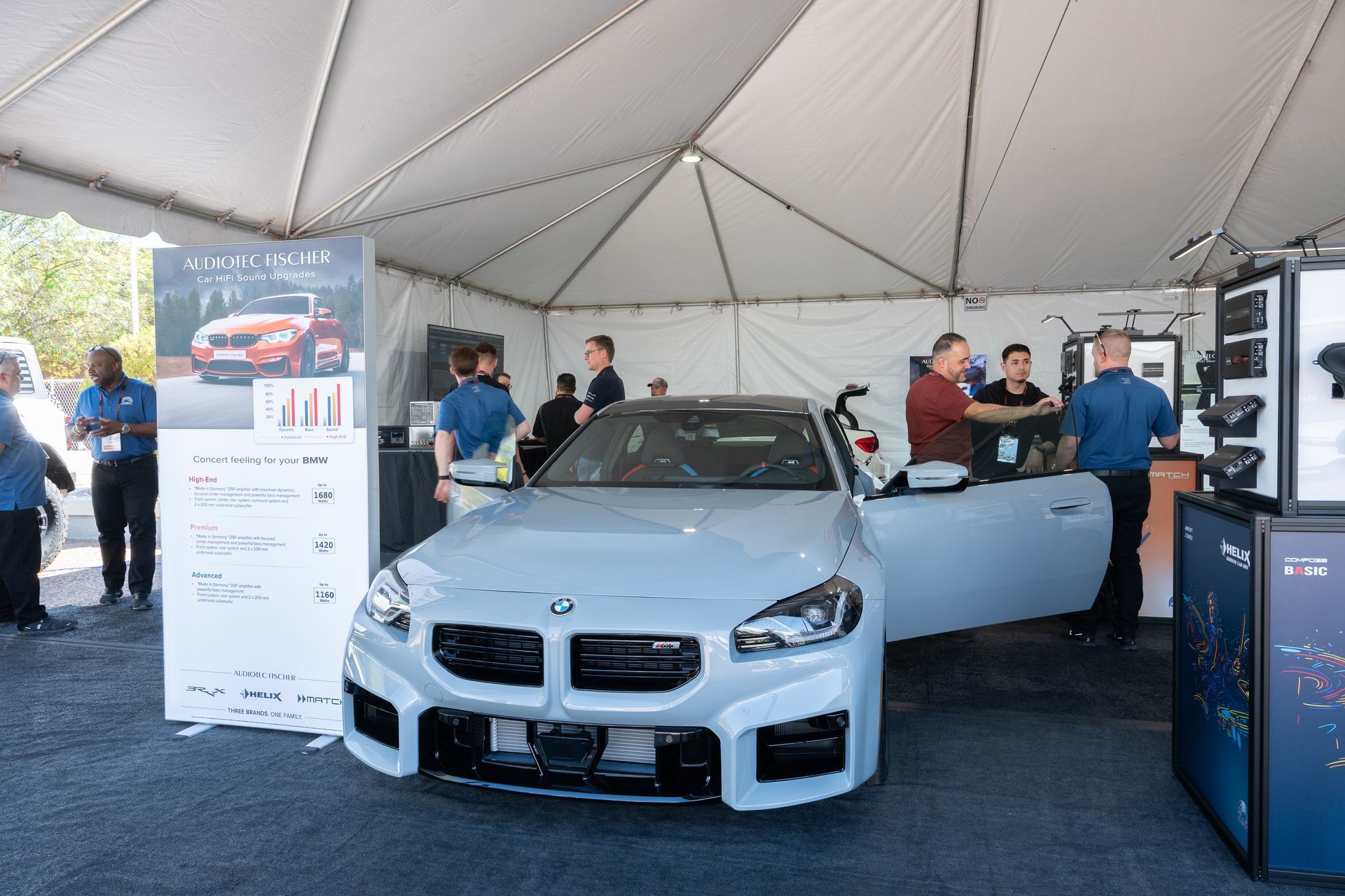 Light blue BMW car on display inside a tent, with people looking at it.