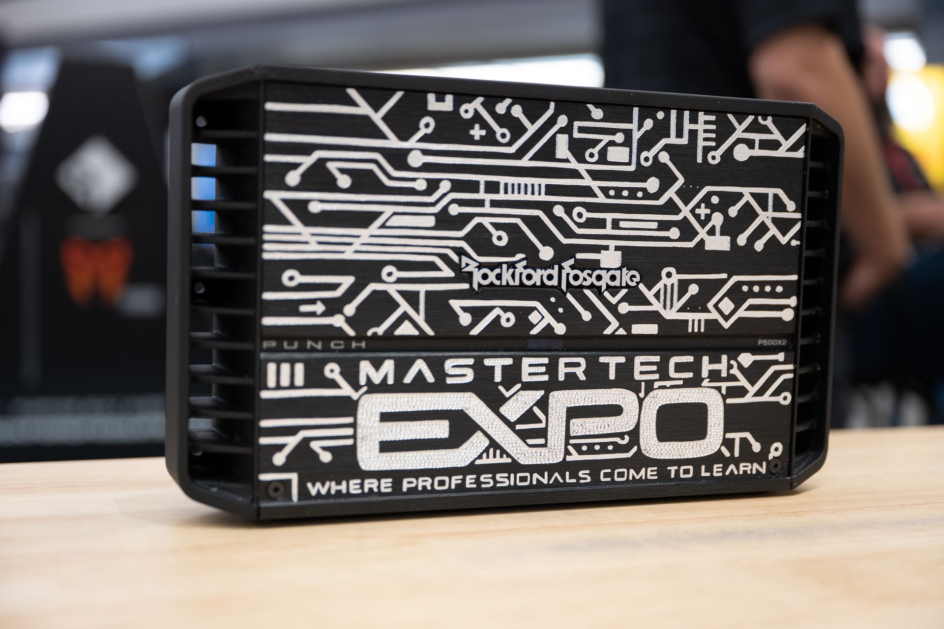 Black Rockford Fosgate amplifier with etched circuit board design, 