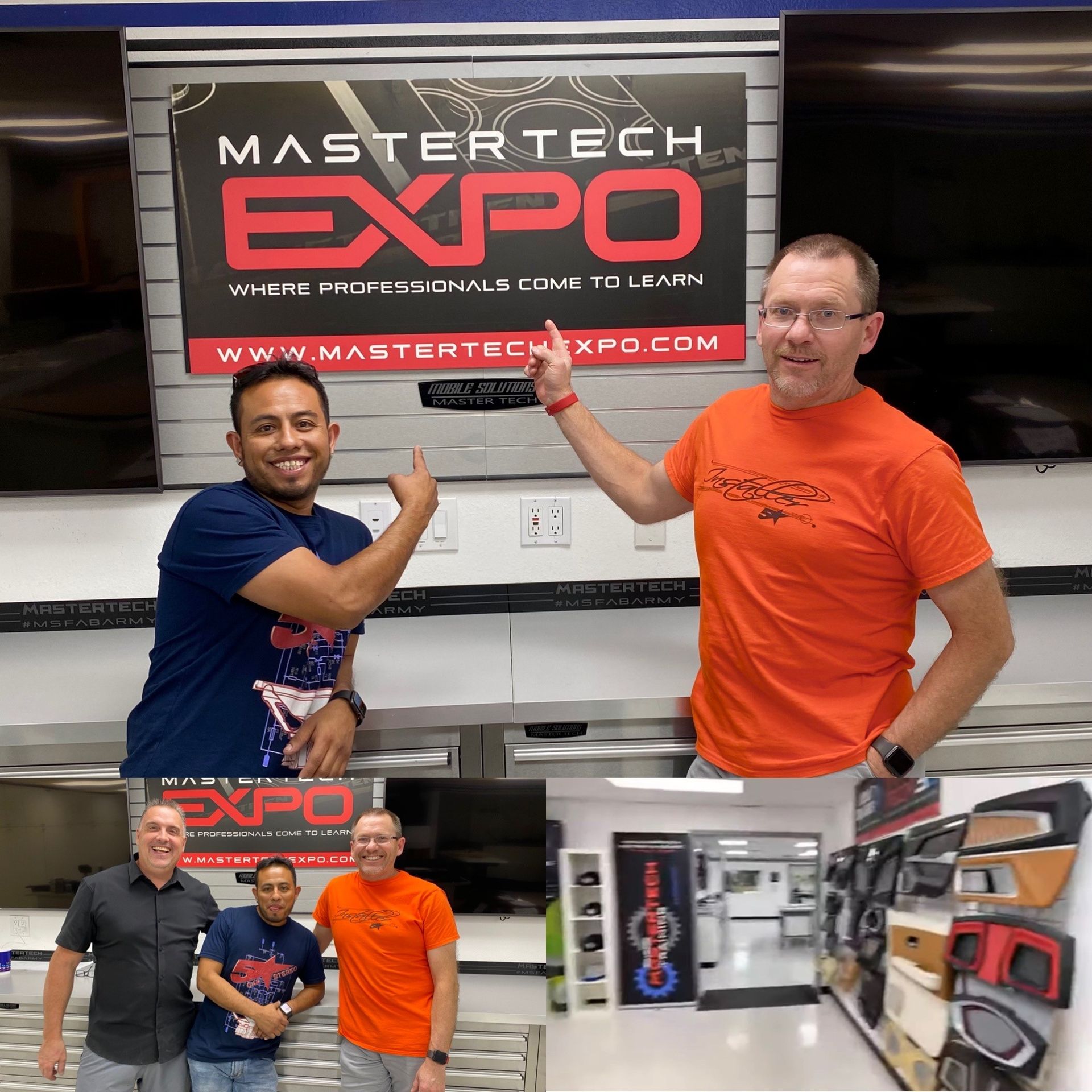 A group of men standing in front of a mastertech expo sign