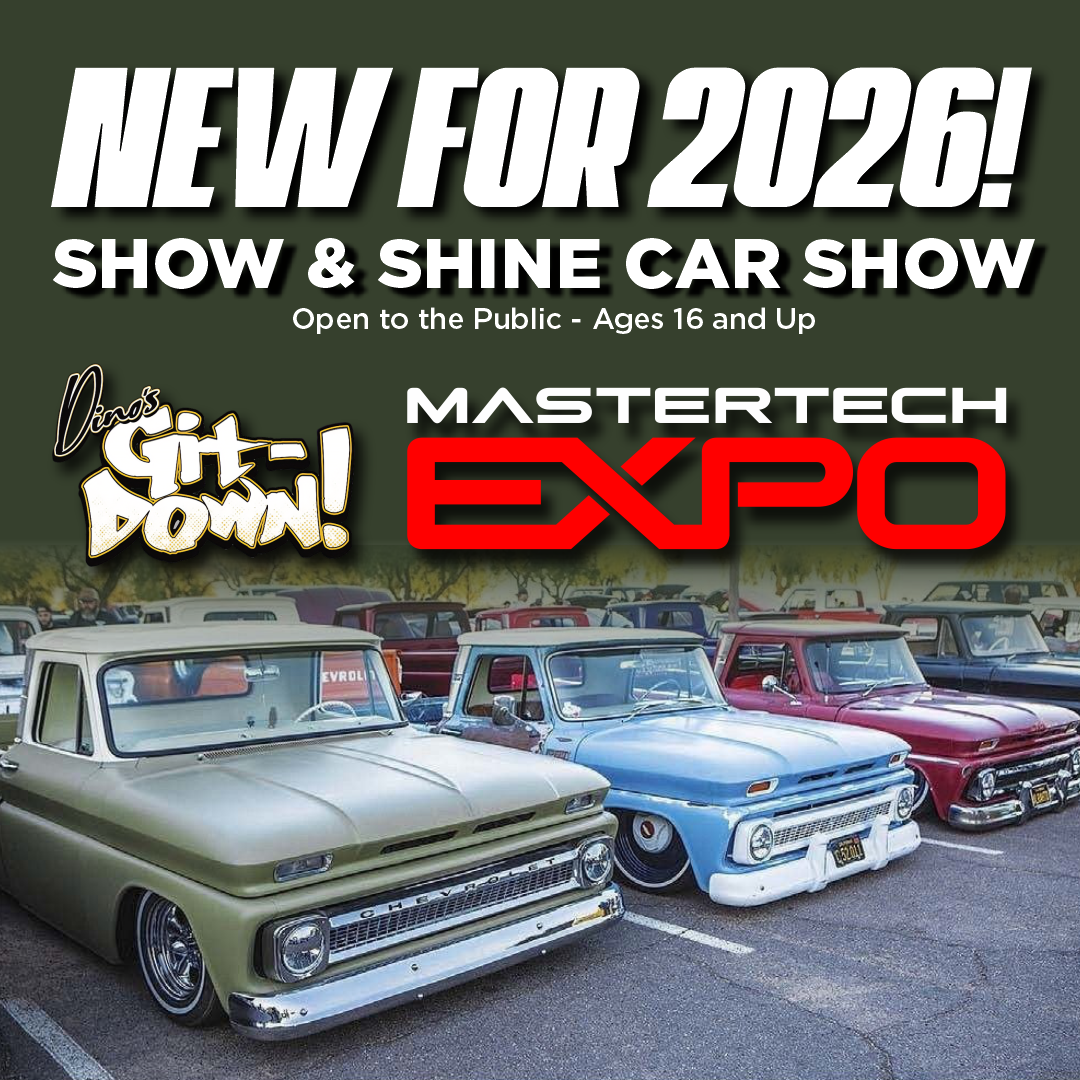 Car show advertisement with classic trucks. Text: 